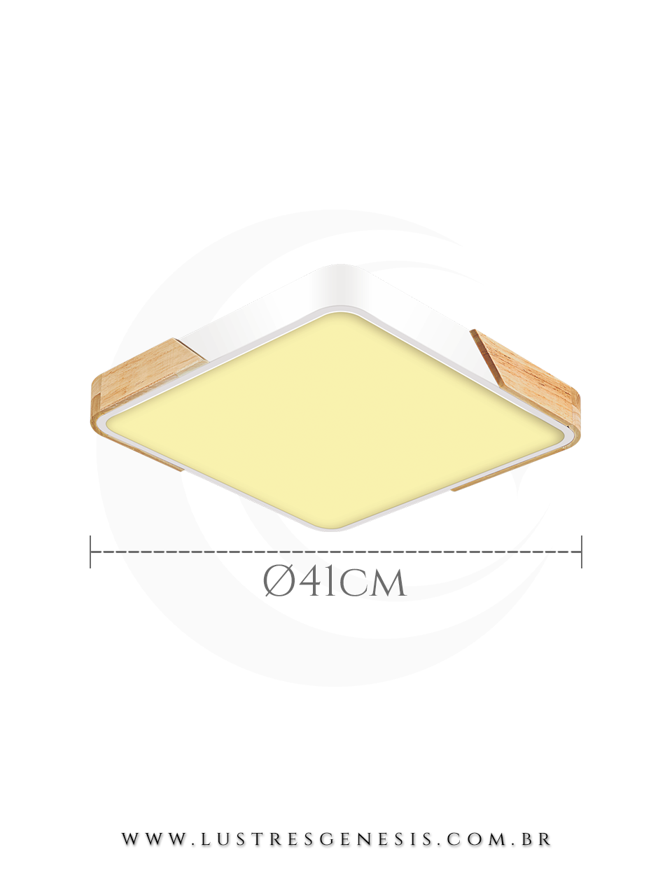 Plafon quadrado branco Zora 41x41cm com LED 2800 l&uacute;mens, design moderno com cantos em madeira, ideal para quartos, sala de estar, corredor, hall e escrit&oacute;rio.